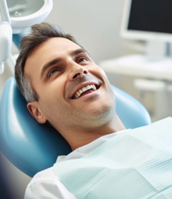 a closeup of a patient smiling at their dentist